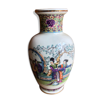 Ancien vase chinois céramique blanche décor scène personnages vintage