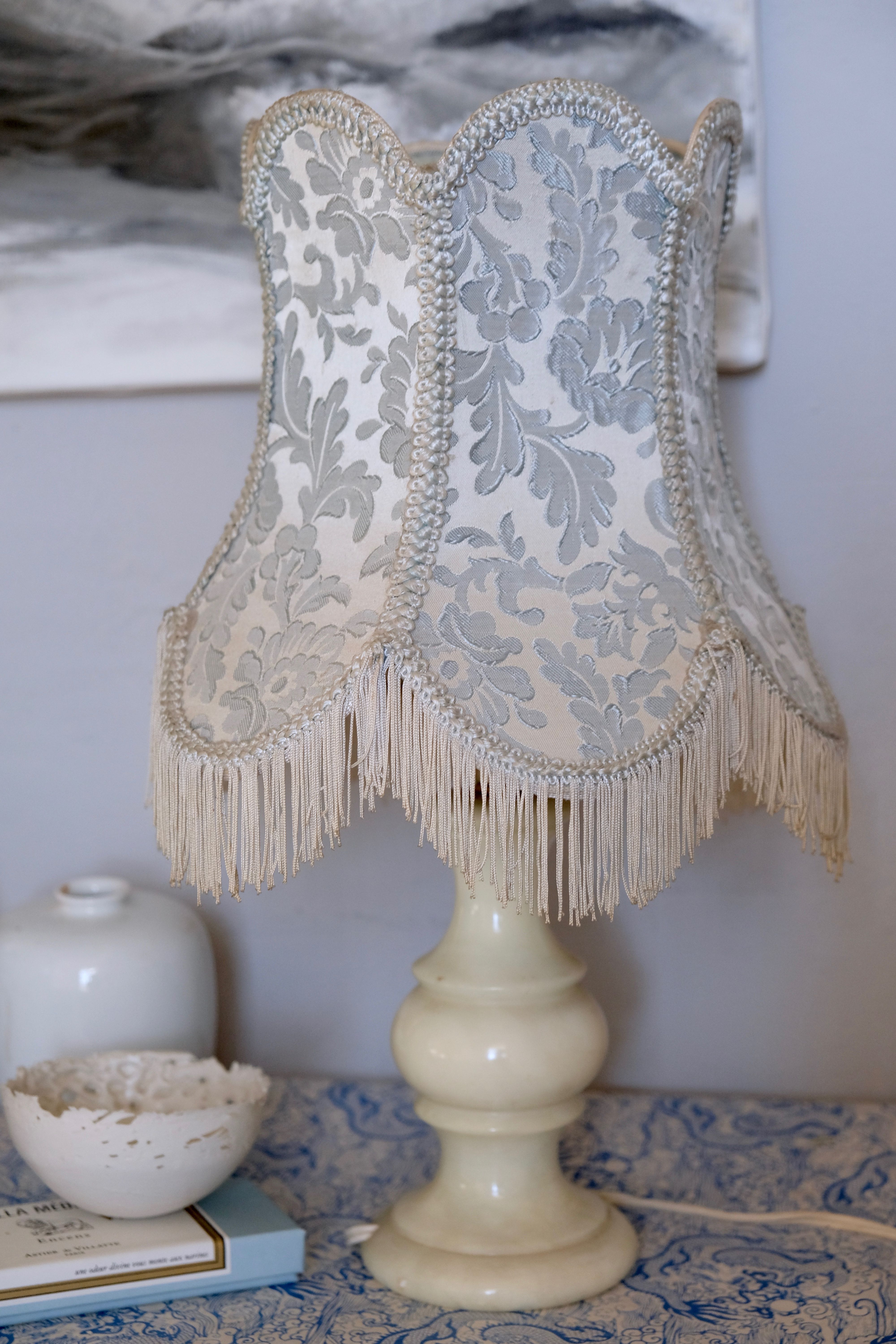 Victorian silk and alabaster table lamp