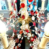 Antique chandelier with red crystal pendants, 9 lights.