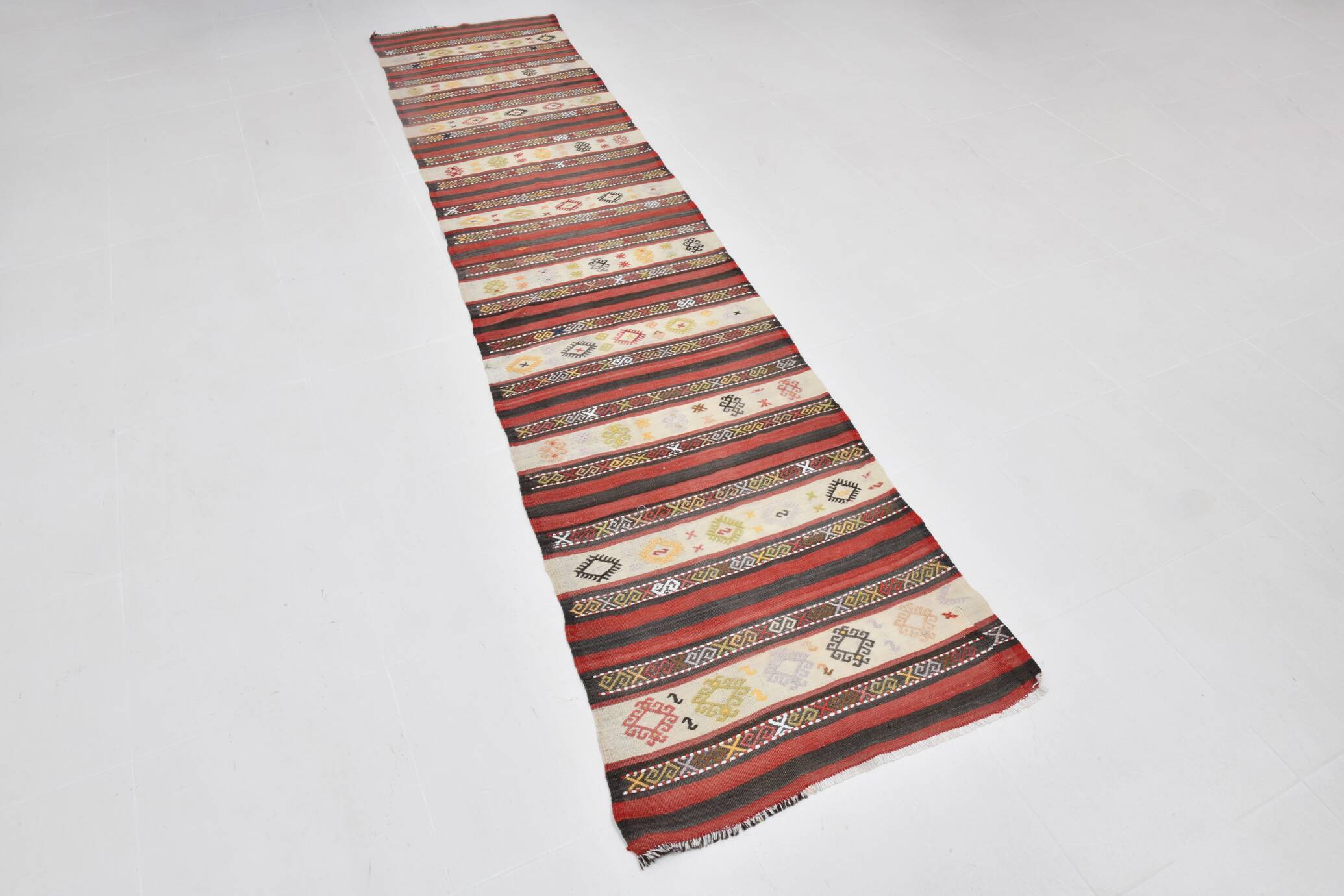 2x10 Kilim Red & Beige Hallway Kilim Runner, 69x316 Cm