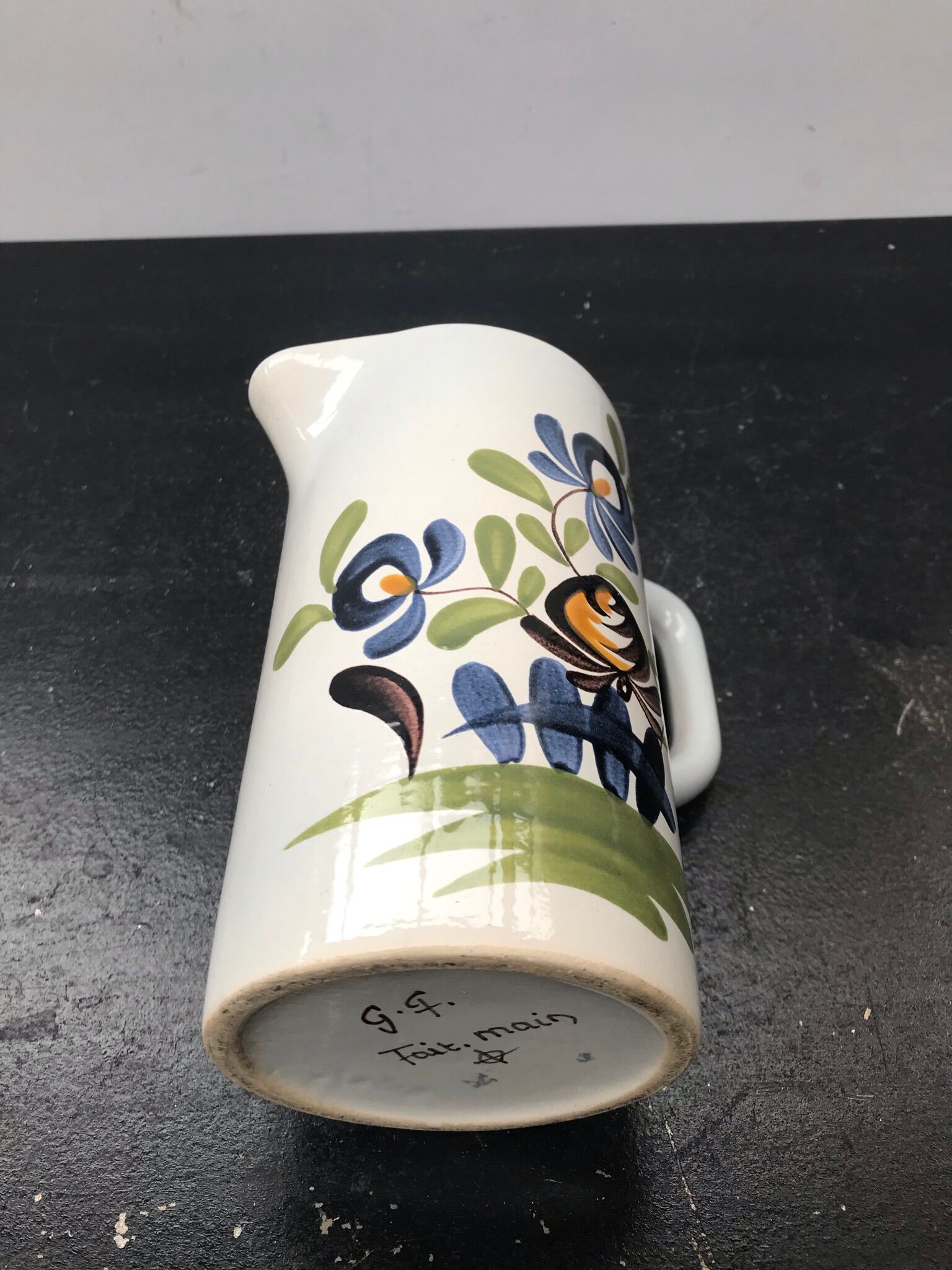 Former pitcher quimper gf ceramics white decor painted flowers - anse vintage