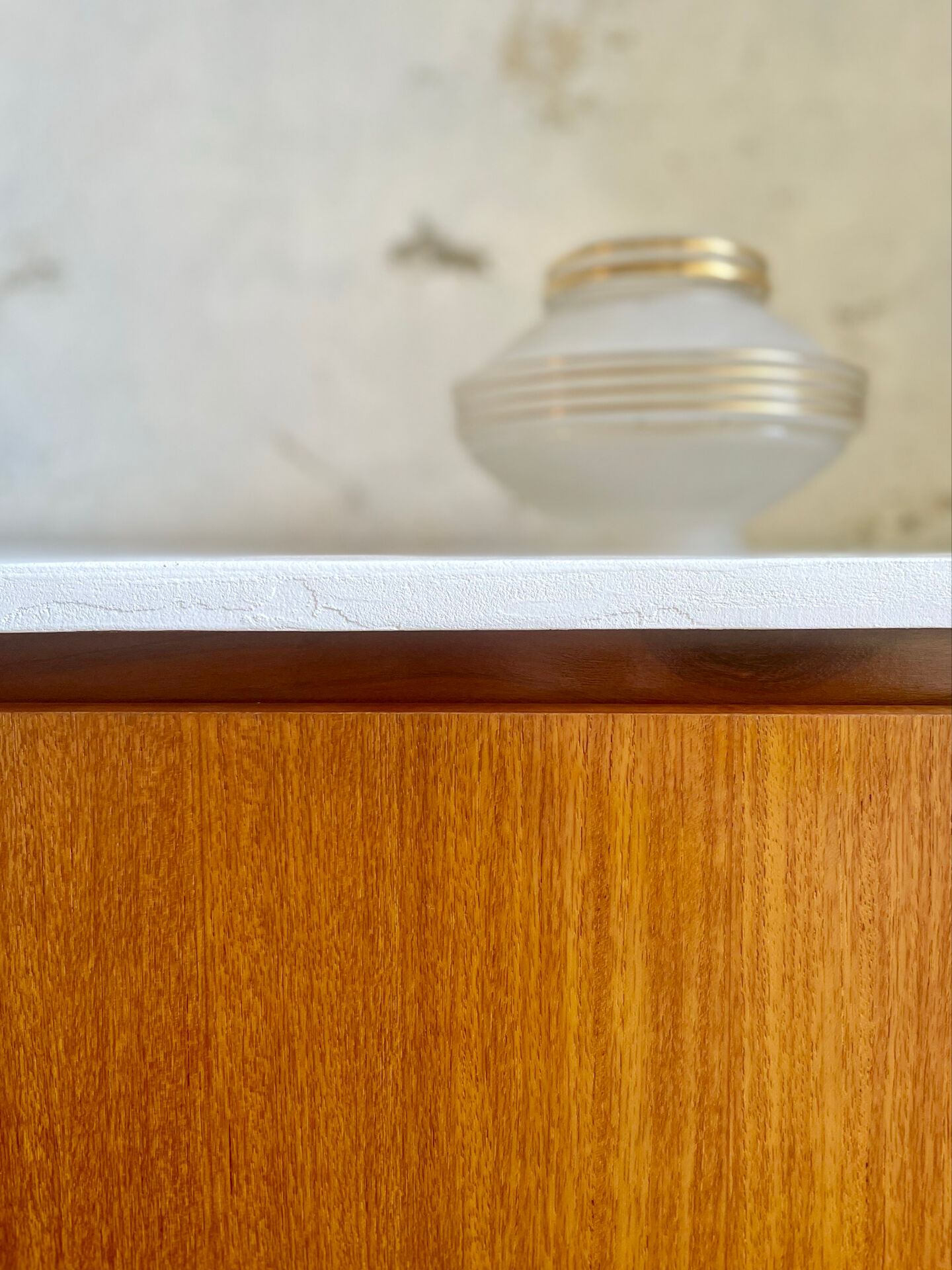 Large vintage sideboard 248 cm – wood & white mineral concrete top –