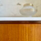 Large vintage sideboard 248 cm – wood & white mineral concrete top –