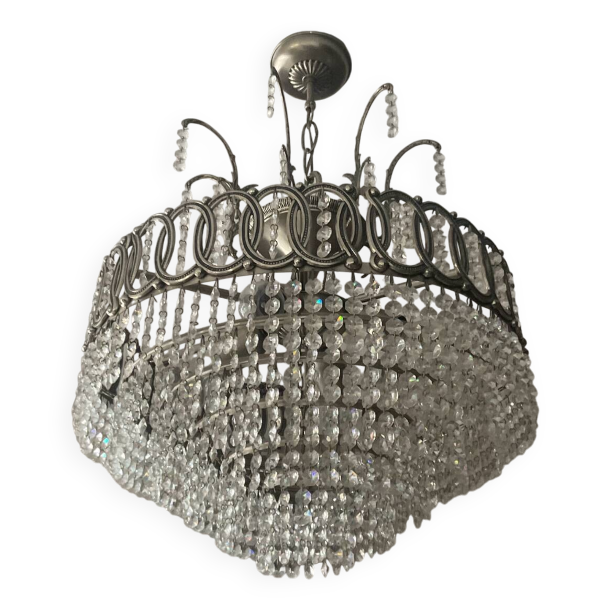 Cascading chandelier with crystal and silvered bronze pendants