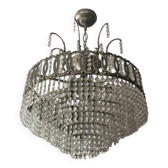 Lustre cascade de pampilles en cristal et bronze argenté