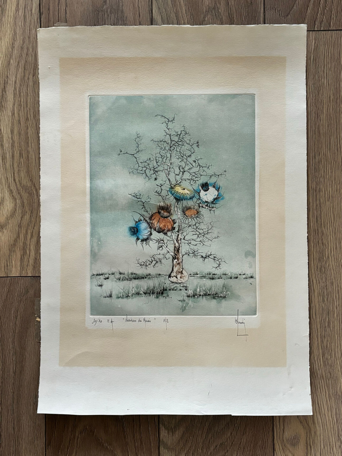 Original Engraving Bernard Louedin 1978 "Thistles of the Marsh" Signed Numbered