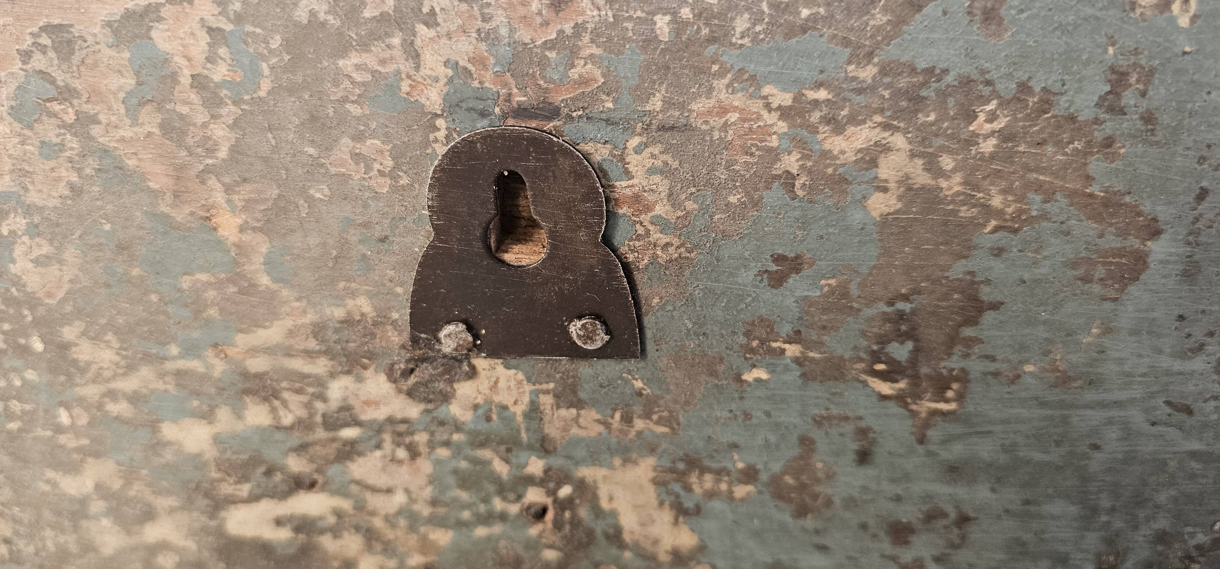 Antique teak coat rack with 3 wrought iron hooks