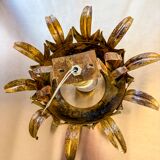 Sunburst ceiling light fixture or sconce in gilt wrought iron, Spain, 1960s