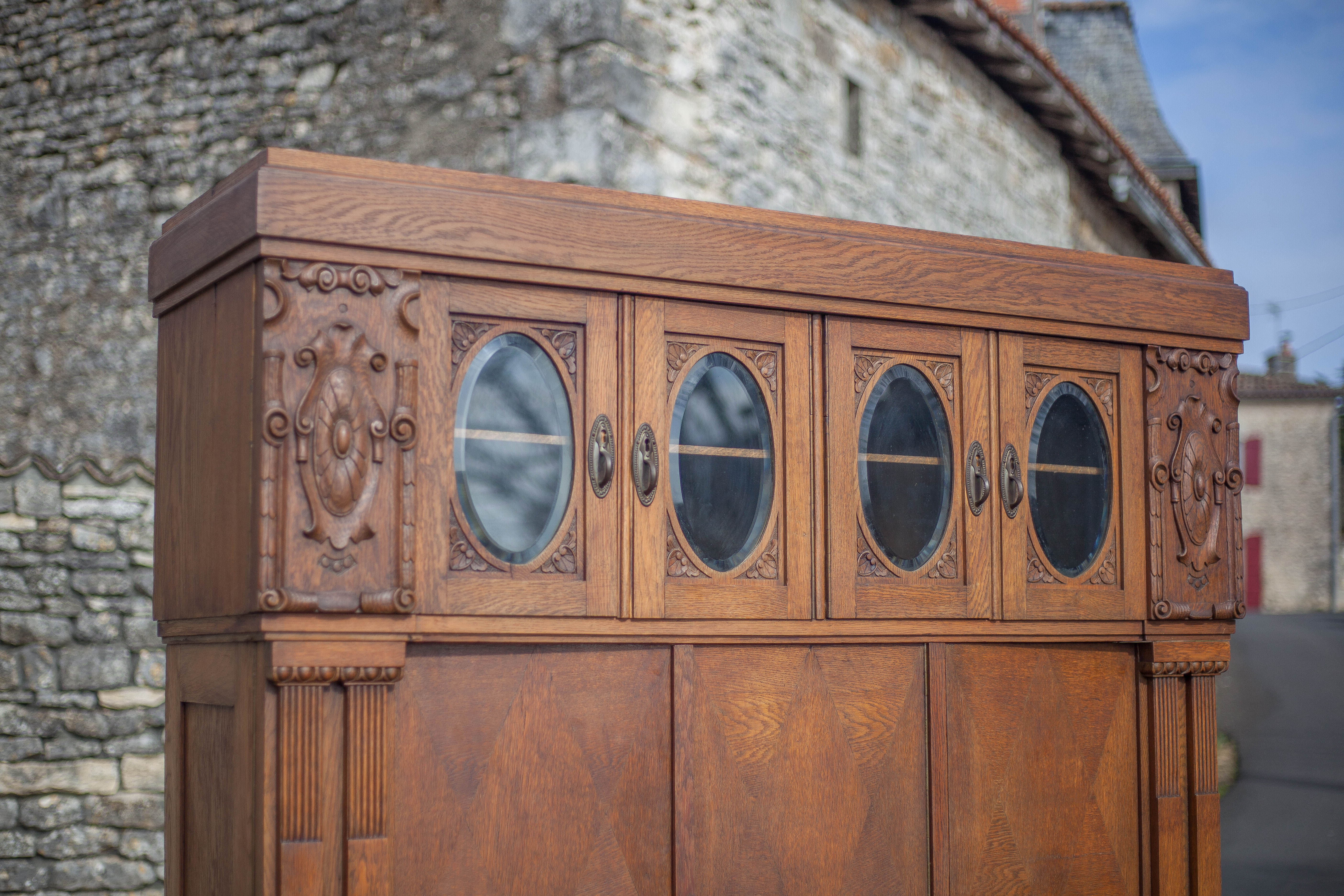 Bookcase carved wood 3 old doors, bookcase window beveled