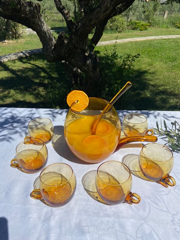 Service à punch ou cocktail en verre  ambré