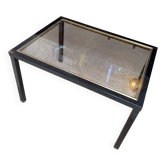 Table d’appoint verre et métal noir et or, 1970