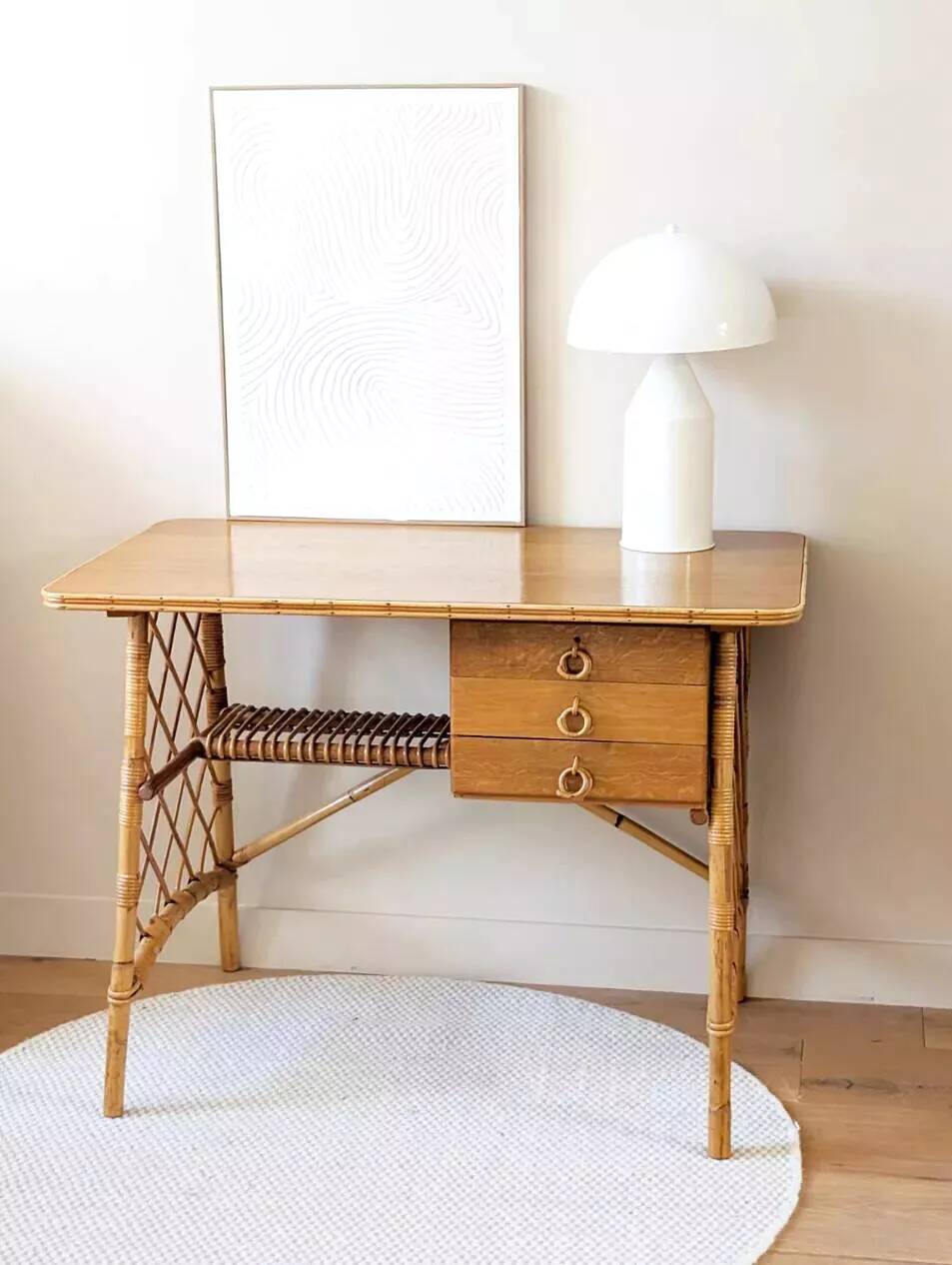 Vintage wood and rattan desk by L. Sognot