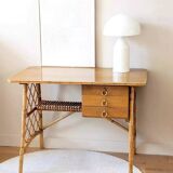 Vintage wood and rattan desk by L. Sognot