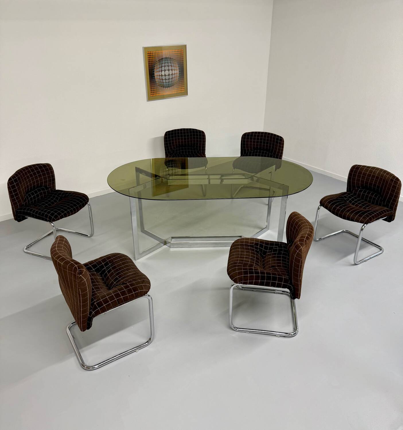Vintage chrome and smoked glass table, 70s design, Paul Legeard DOM