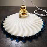 Old suspension opaline lampshade white and blue serrated /wavy Art Deco 1930 TBE Ø 25 cm