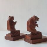 Paire de serre-livres vintage en bois sculpté à la main, décor ours