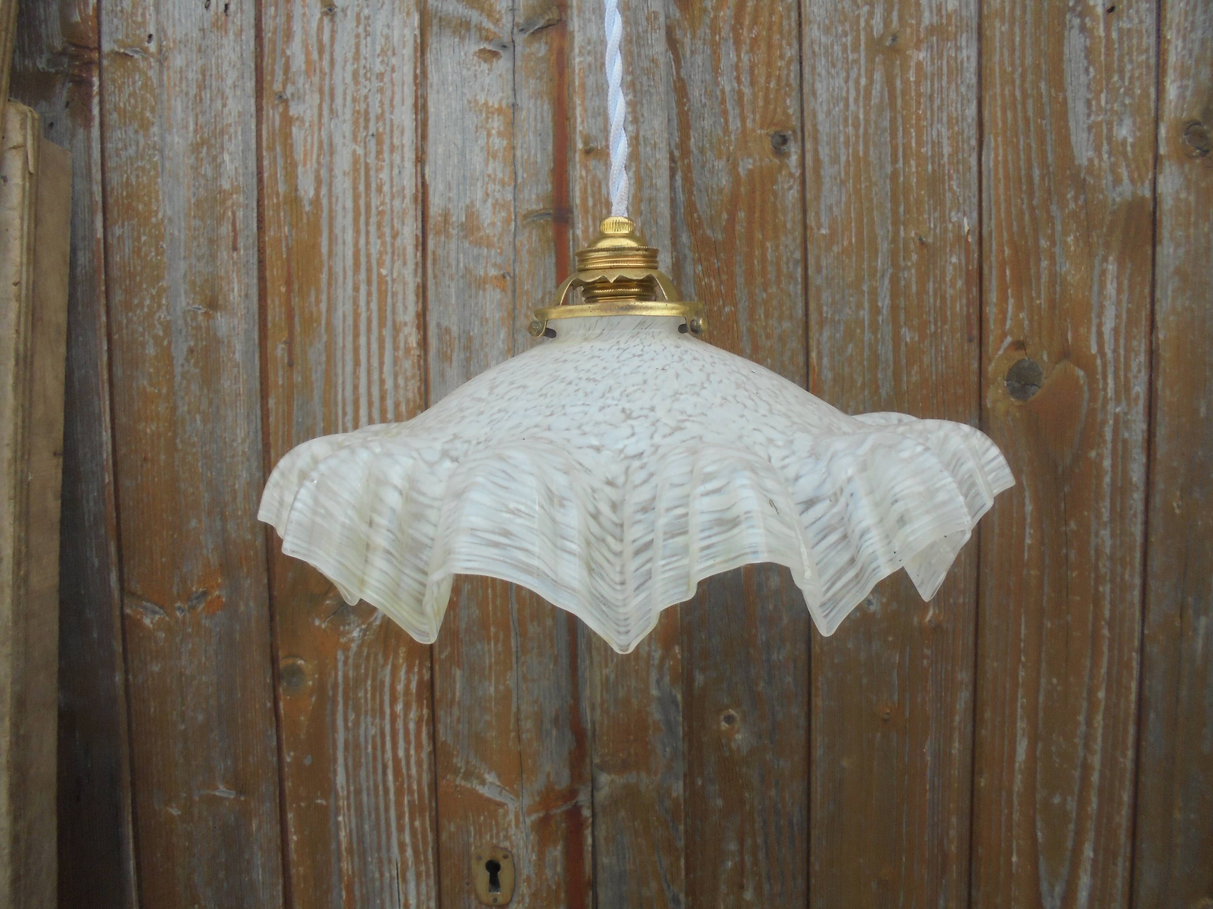 Suspension Opaline Plissée Décor Clichy MarbréPlafonnier porcelaine fil neuf