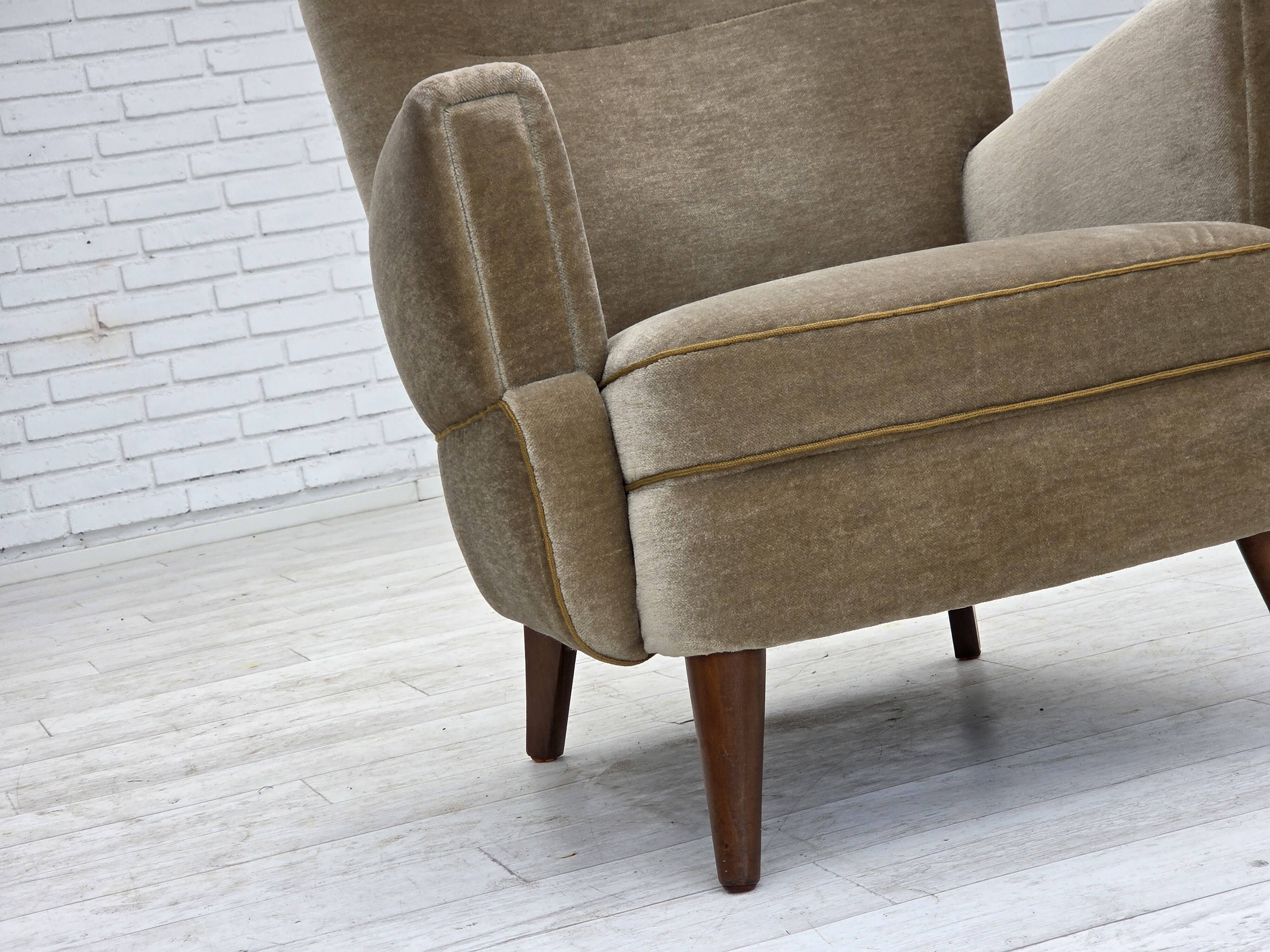 1970s, Danish armchair, green furniture velour, beech wood legs.