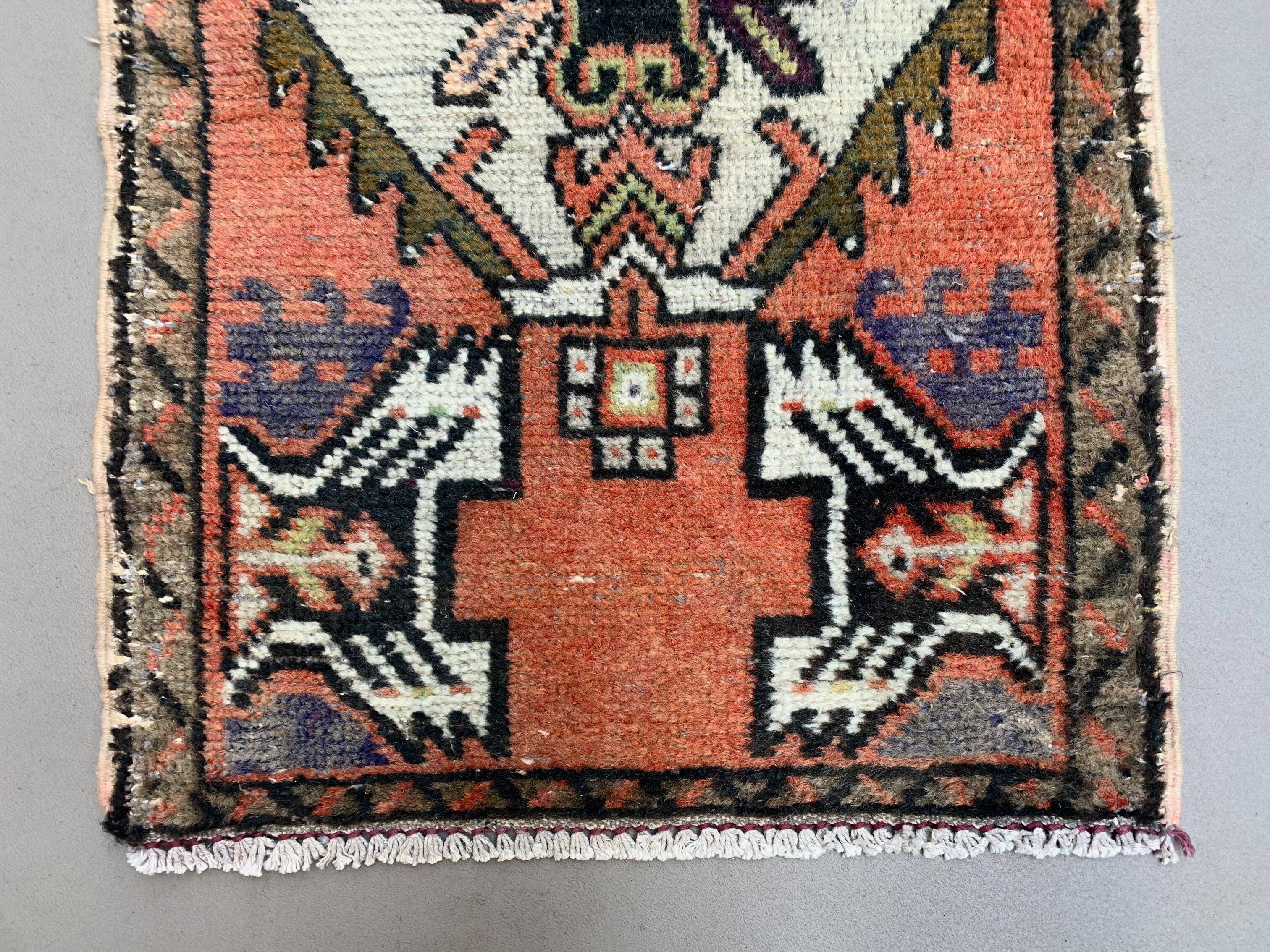 Small vintage turkish rug 96x51 cm, short runner, tribal, shabby, mini carpet