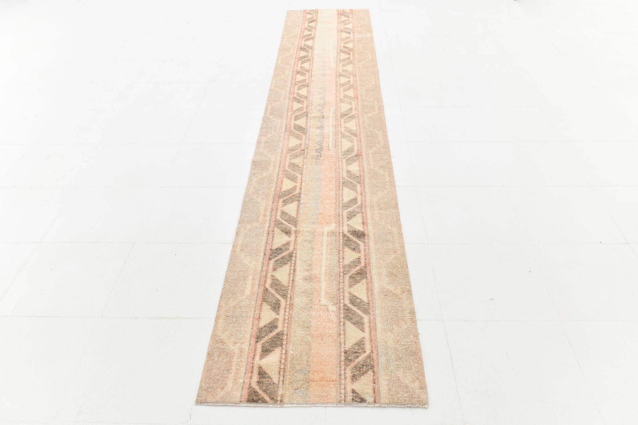 Cream Brown Long Narrow Vintage Runner Rug, 71x378Cm