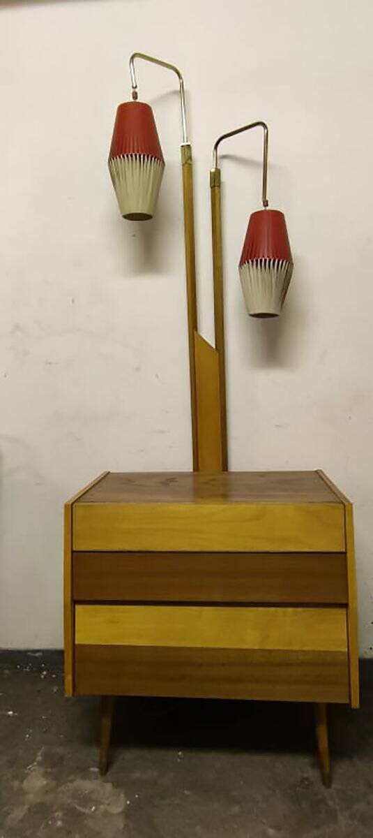 Brown walnut cocktail cabinet with integrated lamp holders and 2 lampshades, 1950s