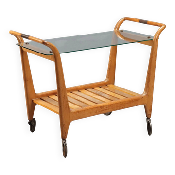 Desserte de cuisine vintage en hêtre, laiton et verre, design italien, années 1950