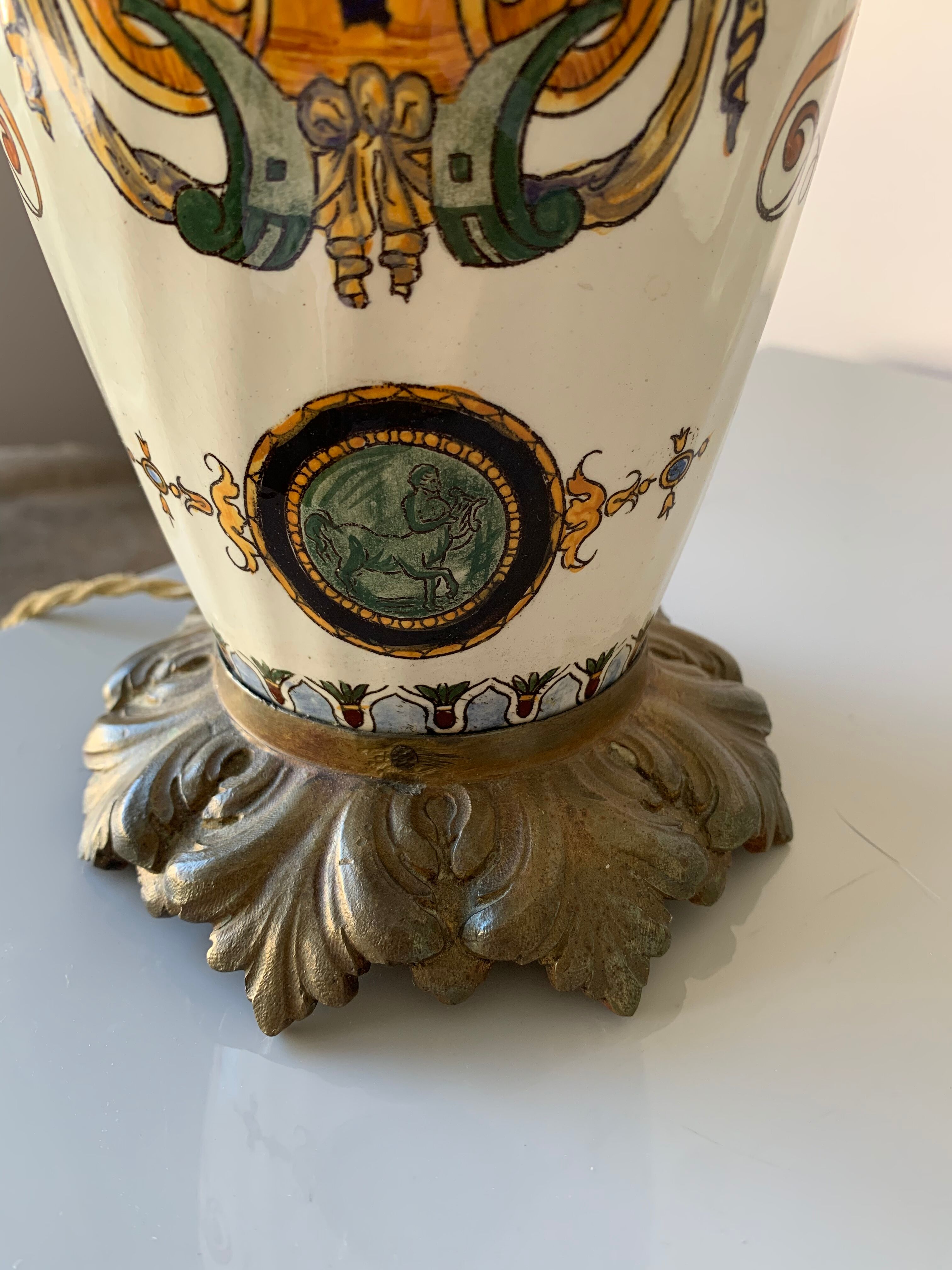 Old faience lamp foot of Gien Renaissance decoration 1876