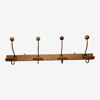 Wall coat rack "bistrot" in metal and wood 1900, 4 hooks