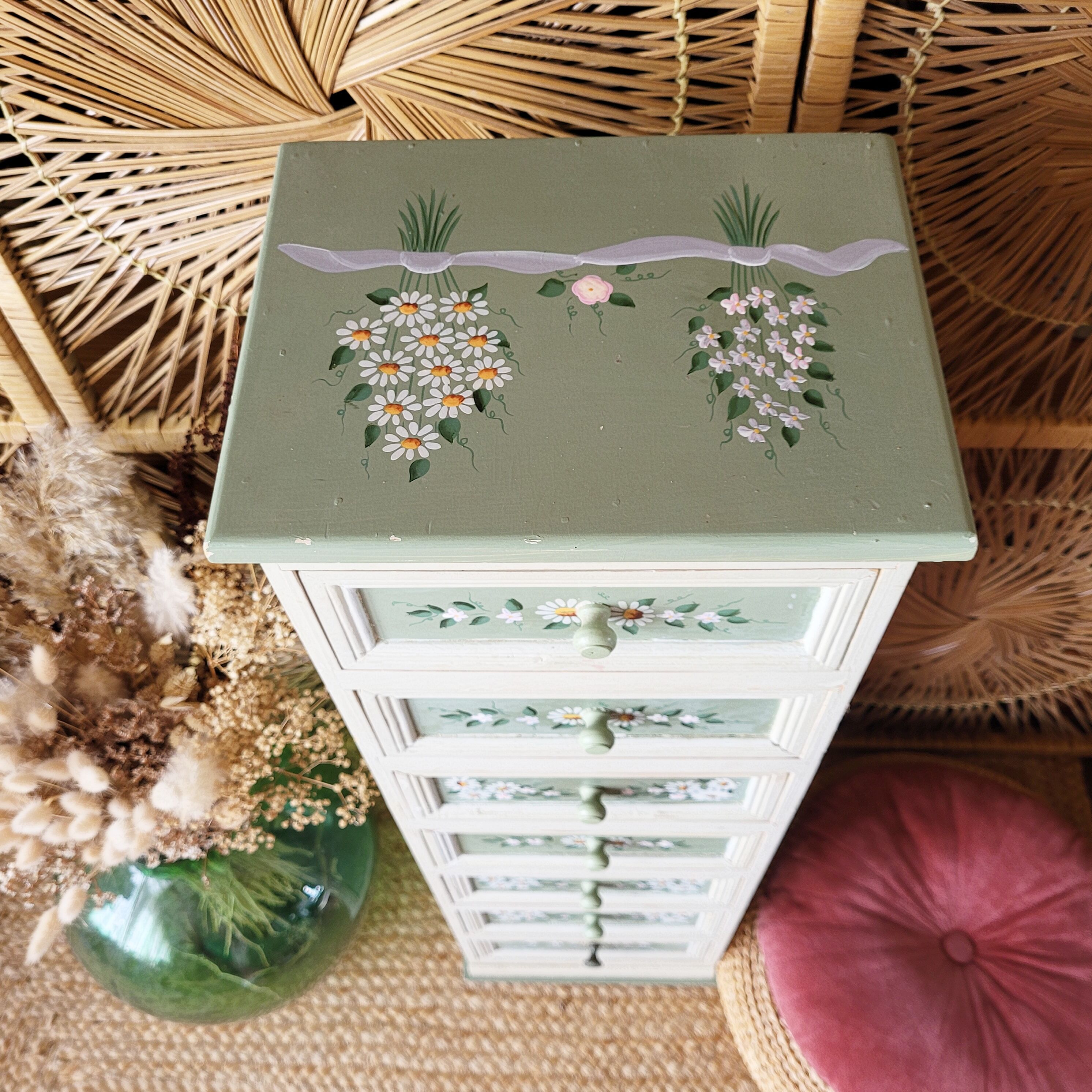 Old wooden furniture painted floral pattern with drawers
