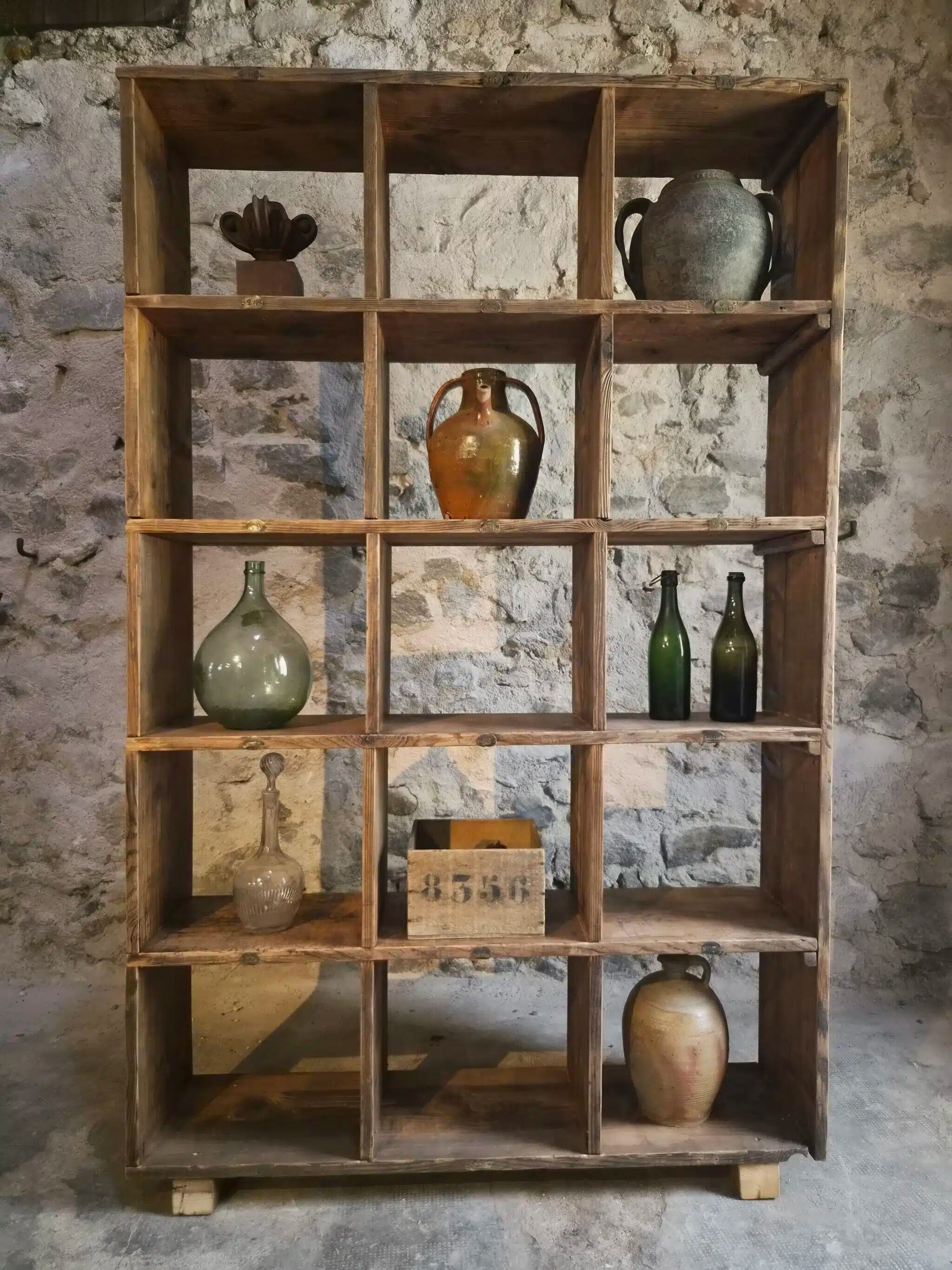 Old industrial shelf / room divider in pine, France, early 20th century