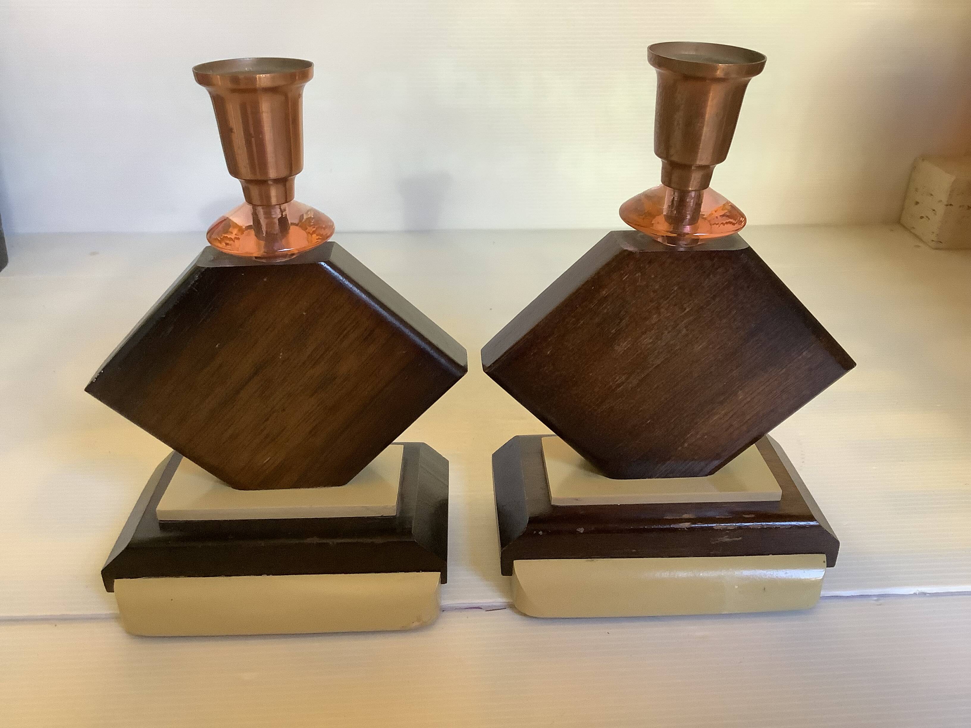 Pair of geometric wooden candlesticks from the 1950s.