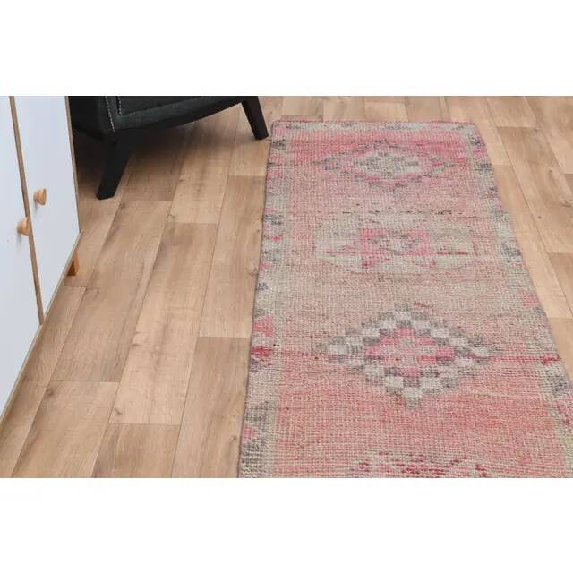 Pink Turkish Vintage Handmade Woven Wool Oushak Runner Rug 78x330