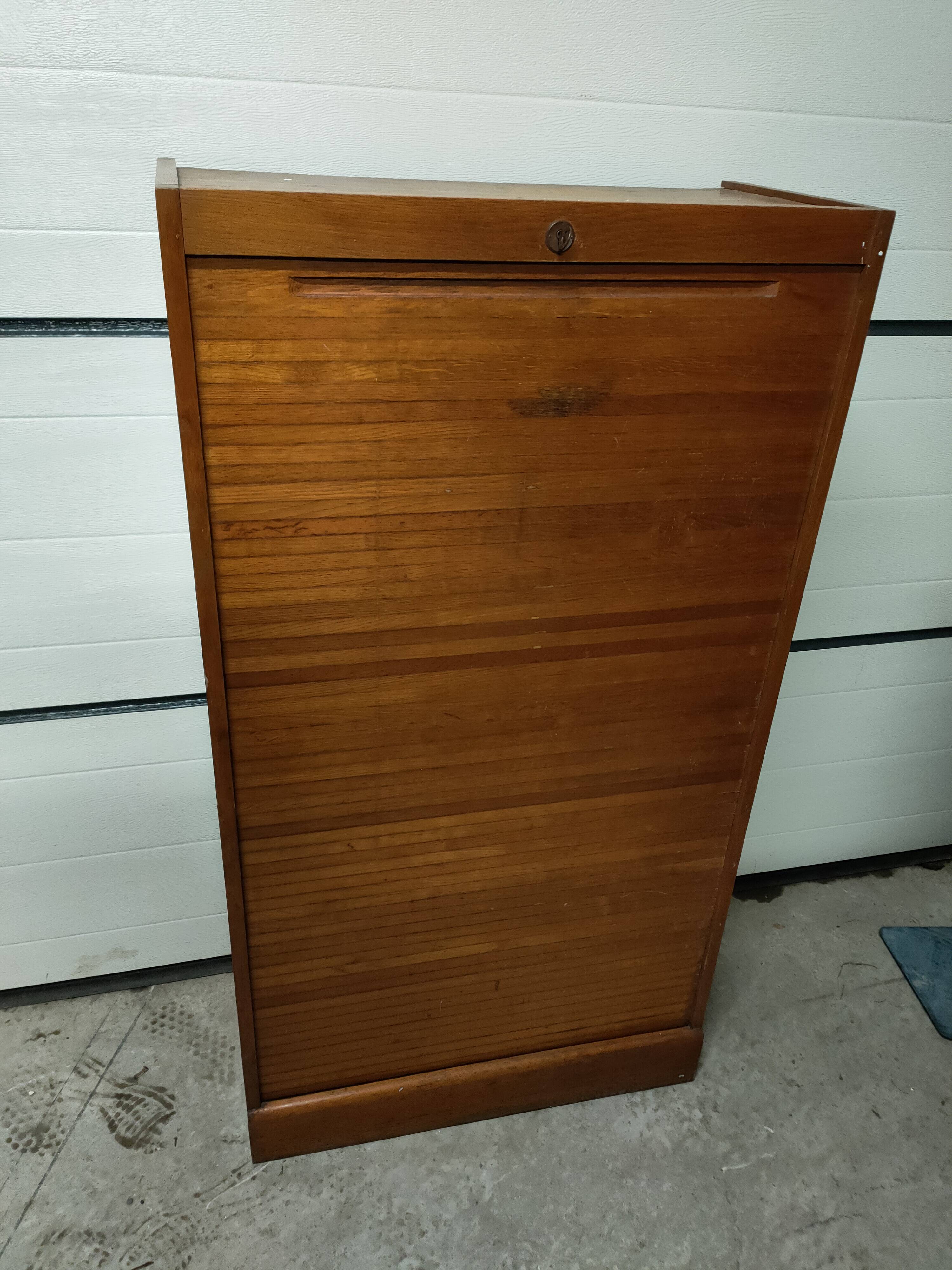 50s-60s double curtain filing cabinet in oak