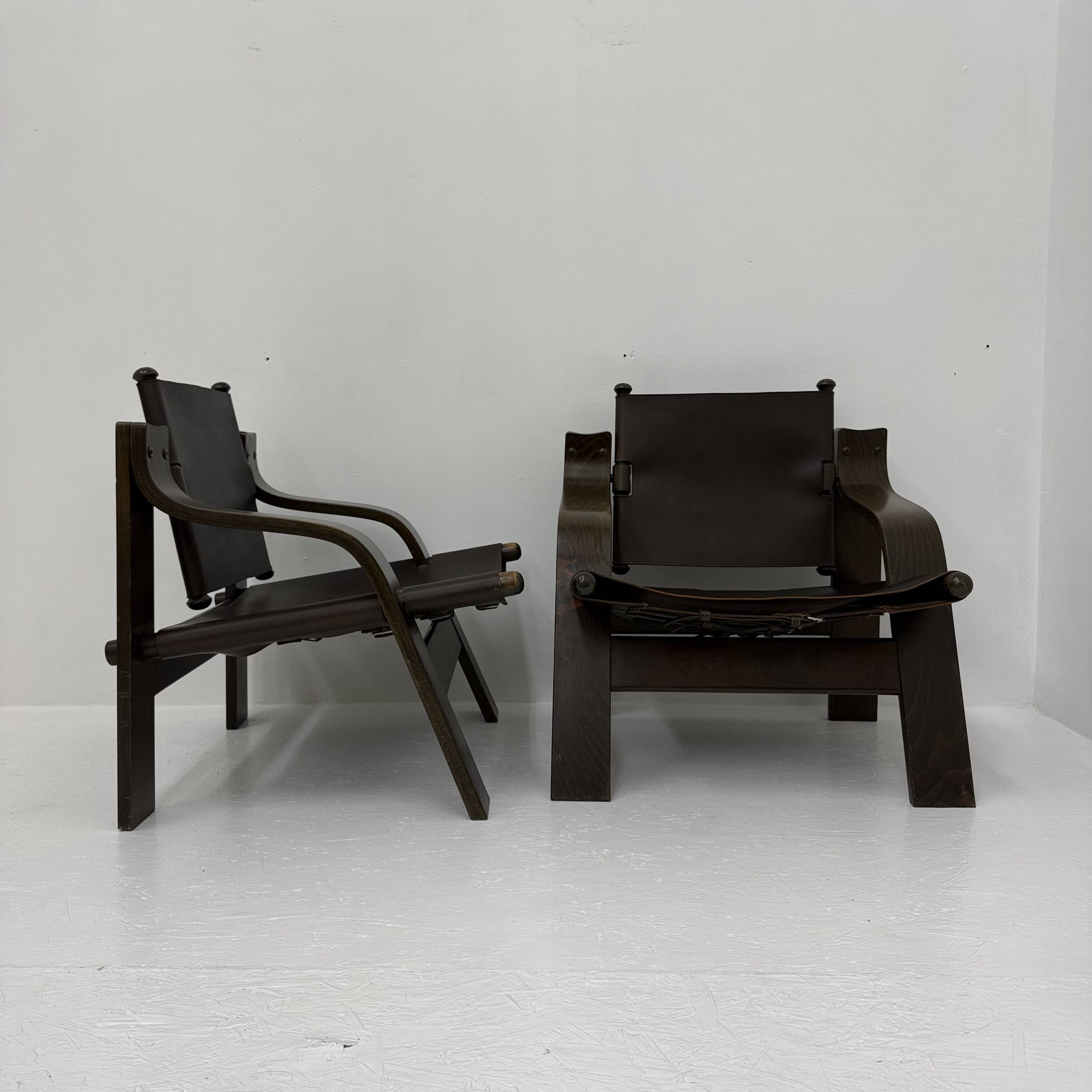 Set of 2 brutalist leather  lounge chairs, 1970’st