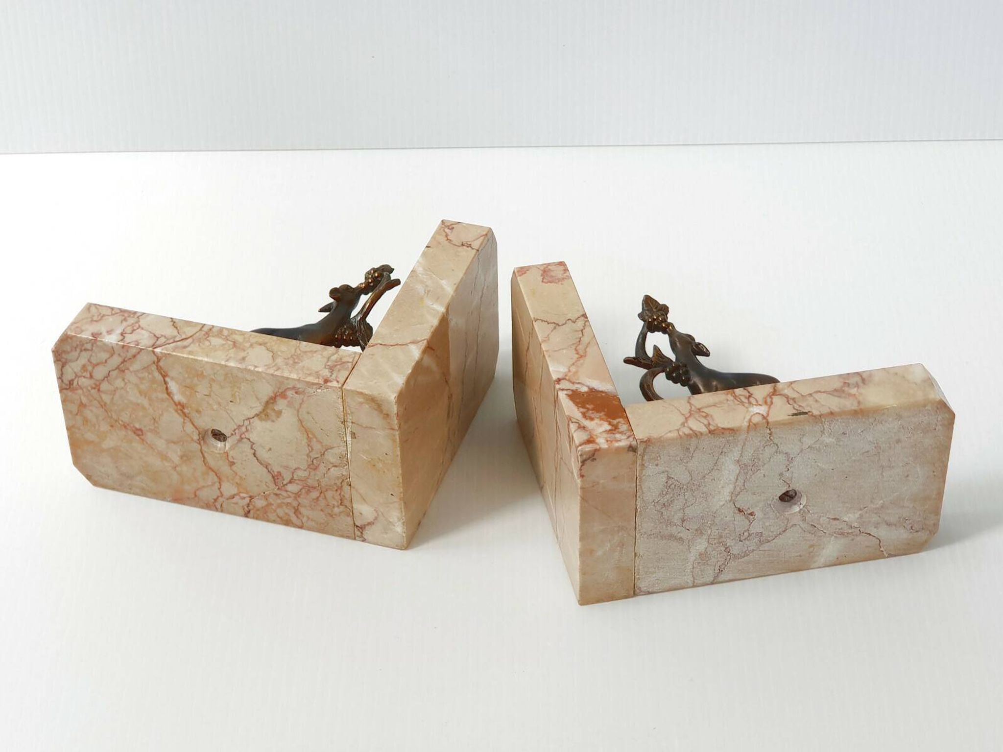 Vintage bronze & marble fawn bookends 1940s 50s
