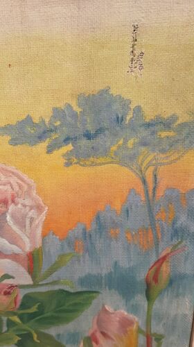 Paravent ancien avec 2 peintures de fleurs Rose 1915 Art Nouveau