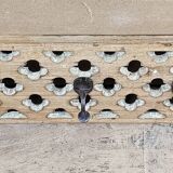 teak wall coat rack with 7 double cast iron hooks