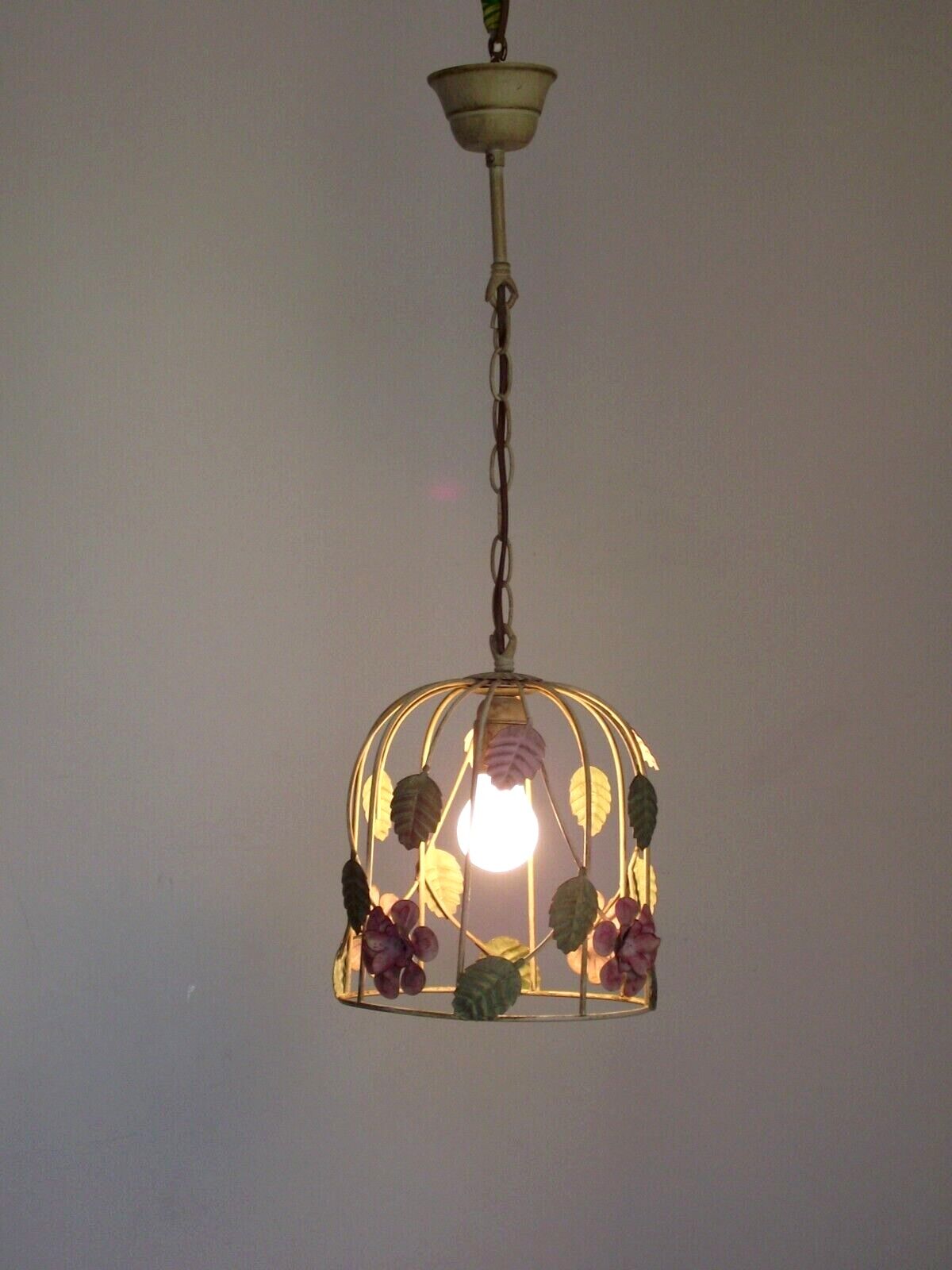 French vintage single bulb Toleware cage light with pink and green flowers