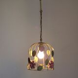 French vintage single bulb Toleware cage light with pink and green flowers