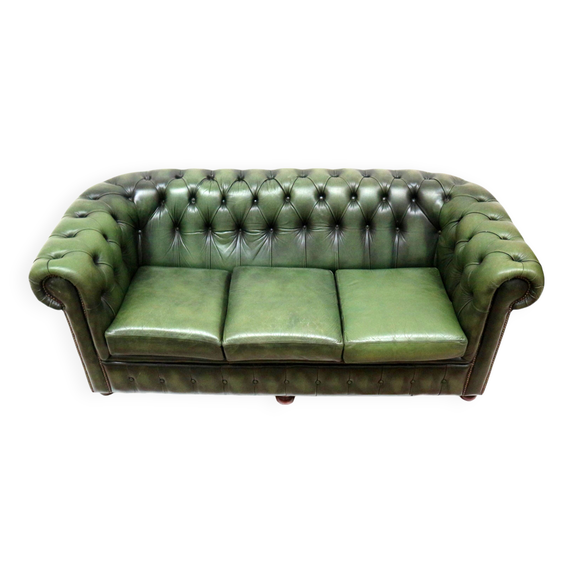 Green vintage leather 3-seater Chesterfield sofa