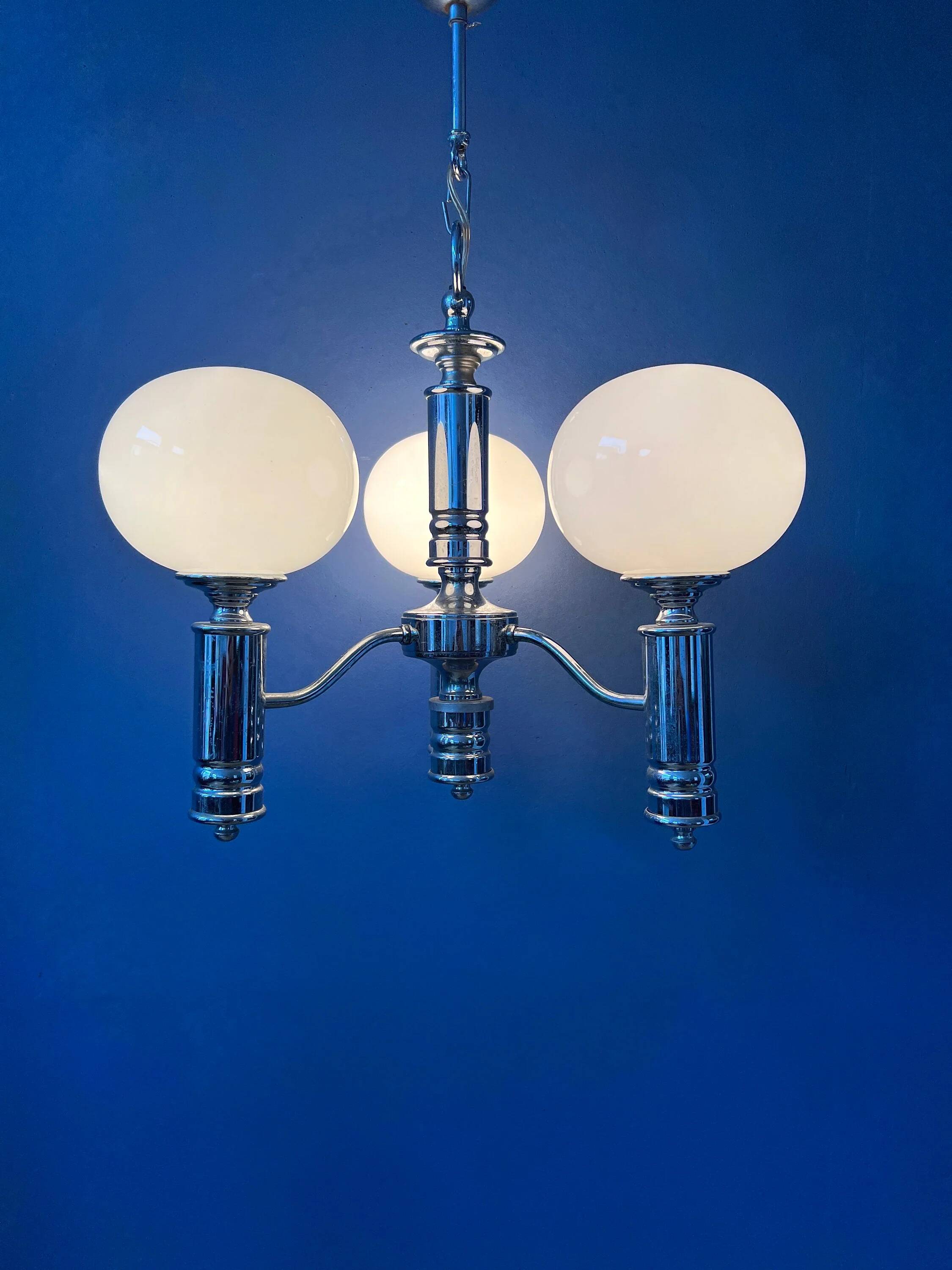 Mid-Century opaline glass chandelier with chrome structure