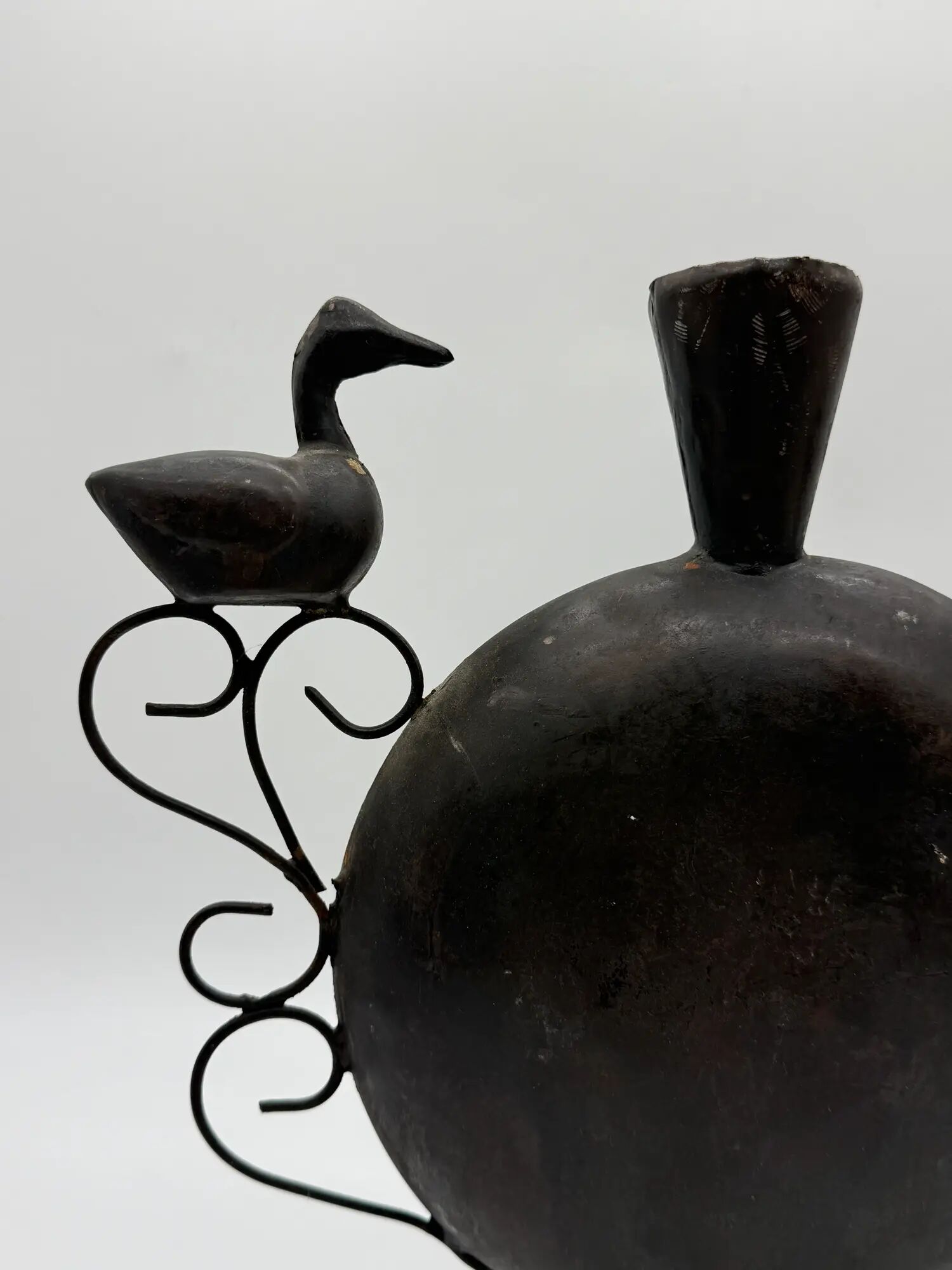 Vase with birds in forged metal, handcrafted, 1960s