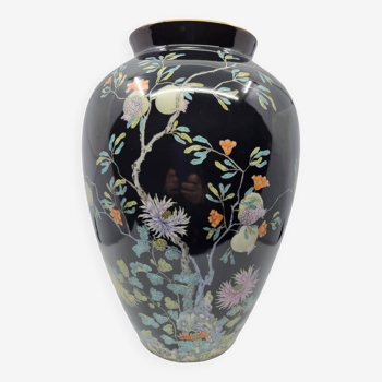 Vase ou Pied de lampe en céramique décor chinois sur fond noir Bavaria Allemagne 1970 Vintage