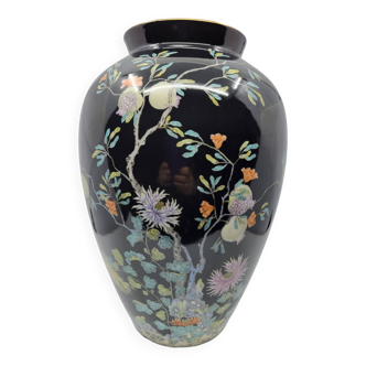 Vase ou Pied de lampe en céramique décor chinois sur fond noir Bavaria Allemagne 1970 Vintage