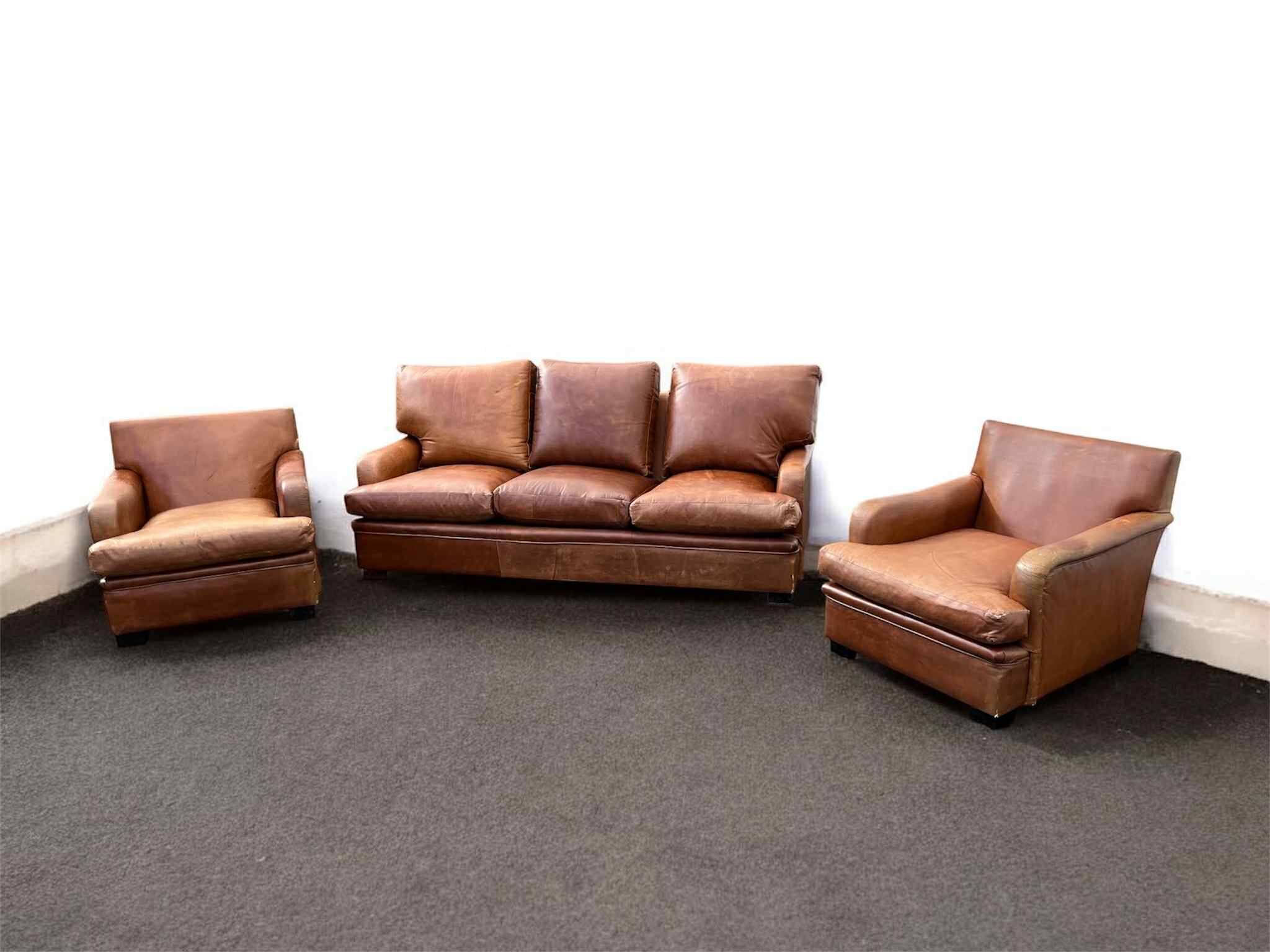 Vintage brown leather living room - 3 seater sofa and 2 matching armchairs
