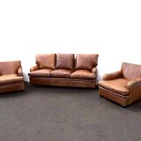 Vintage brown leather living room - 3 seater sofa and 2 matching armchairs
