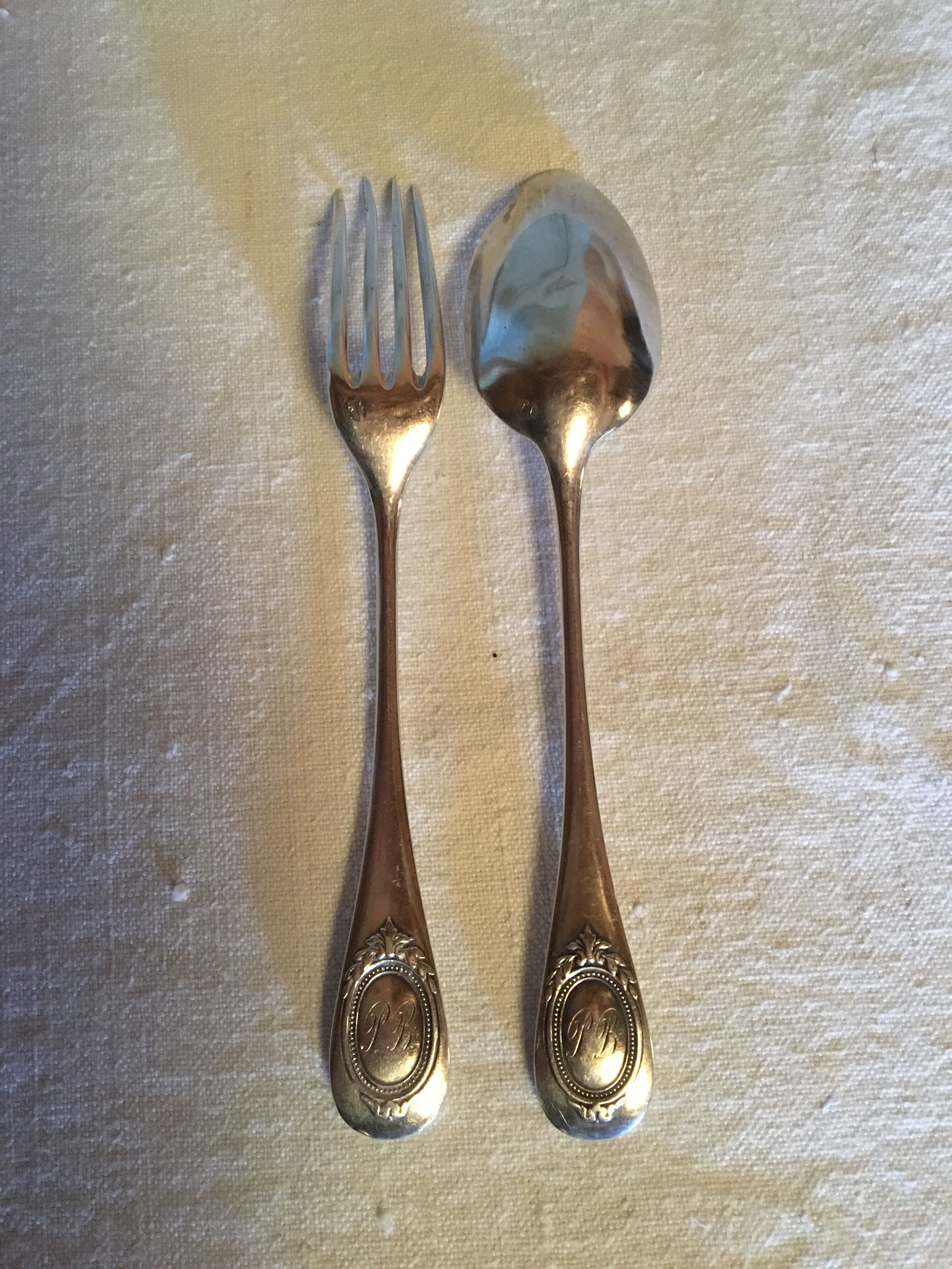 Pair of monogrammed solid silver cutlery