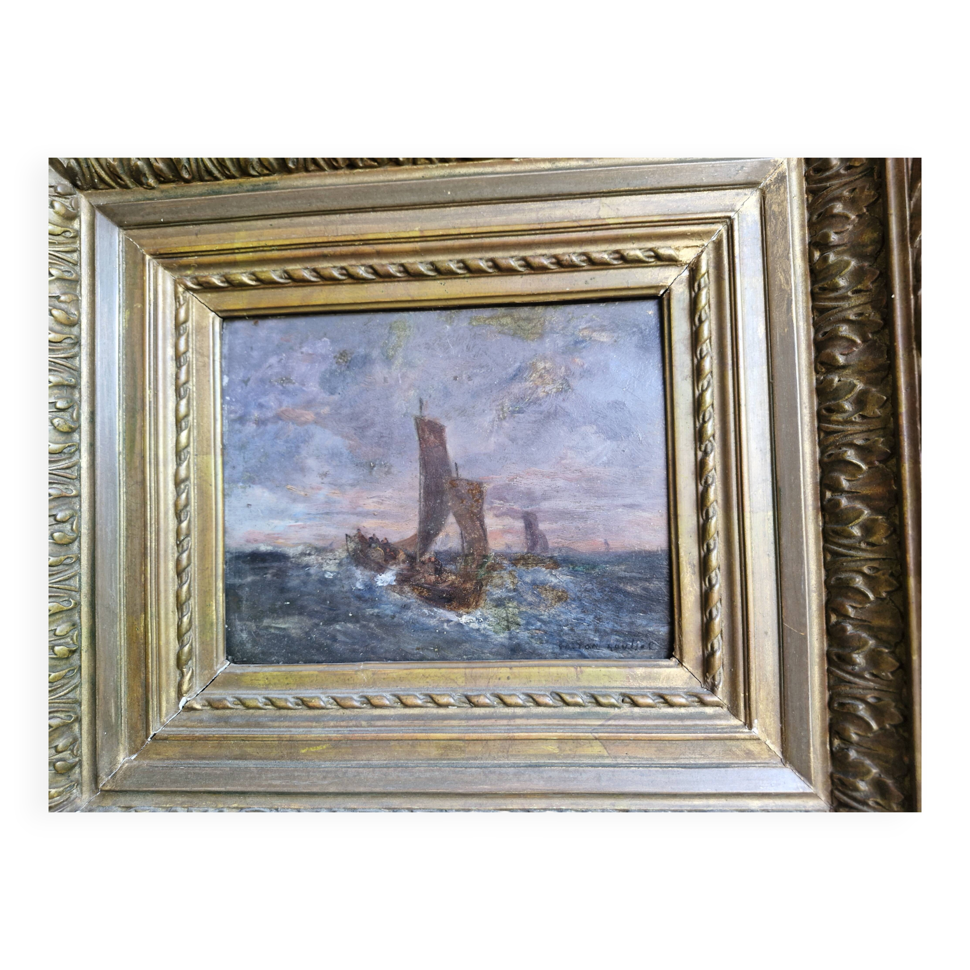19th-century painting signed by Gaston Roullet, marine painter.