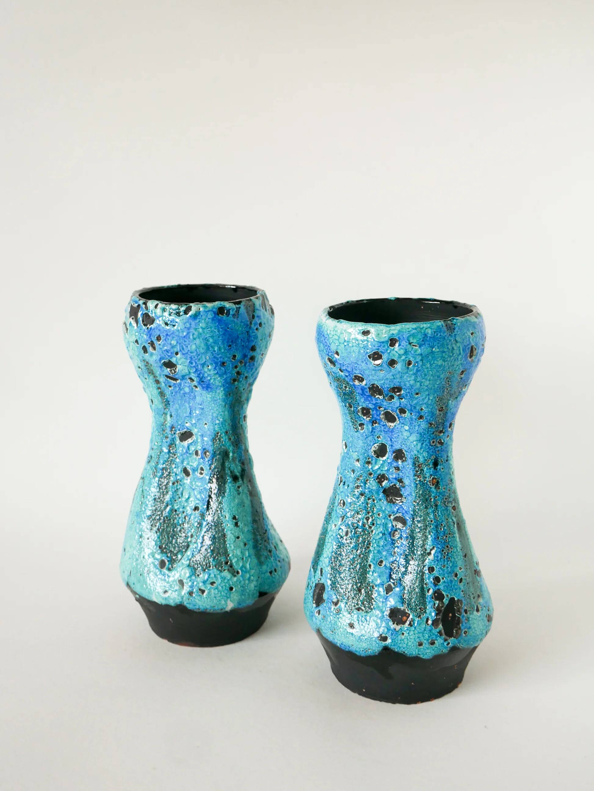 Pair of large Fat Lava vases, sky blue and black, 1970.