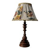 Lampe en bois tourné 70 abat jour fleur vintage